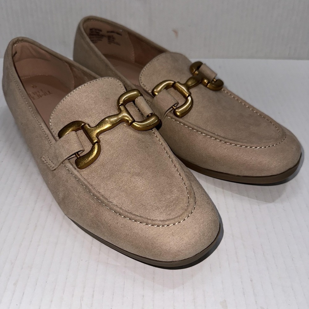 Time And Tru Loafer Shoes Womens 9 Beige Faux Suede‎ Slip On Gold Bit Comfort